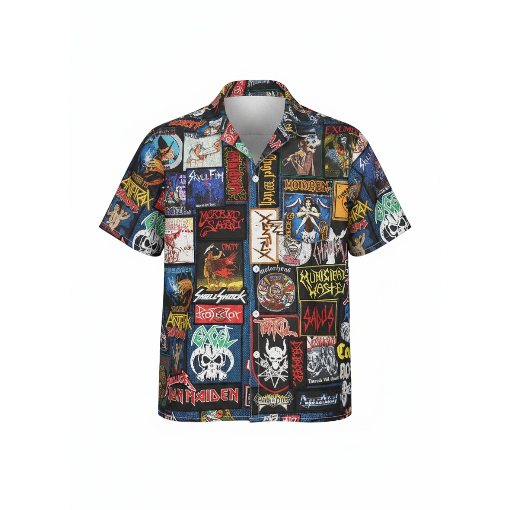 Multicolor Heavy Metal Band Collage Button Up Shirt