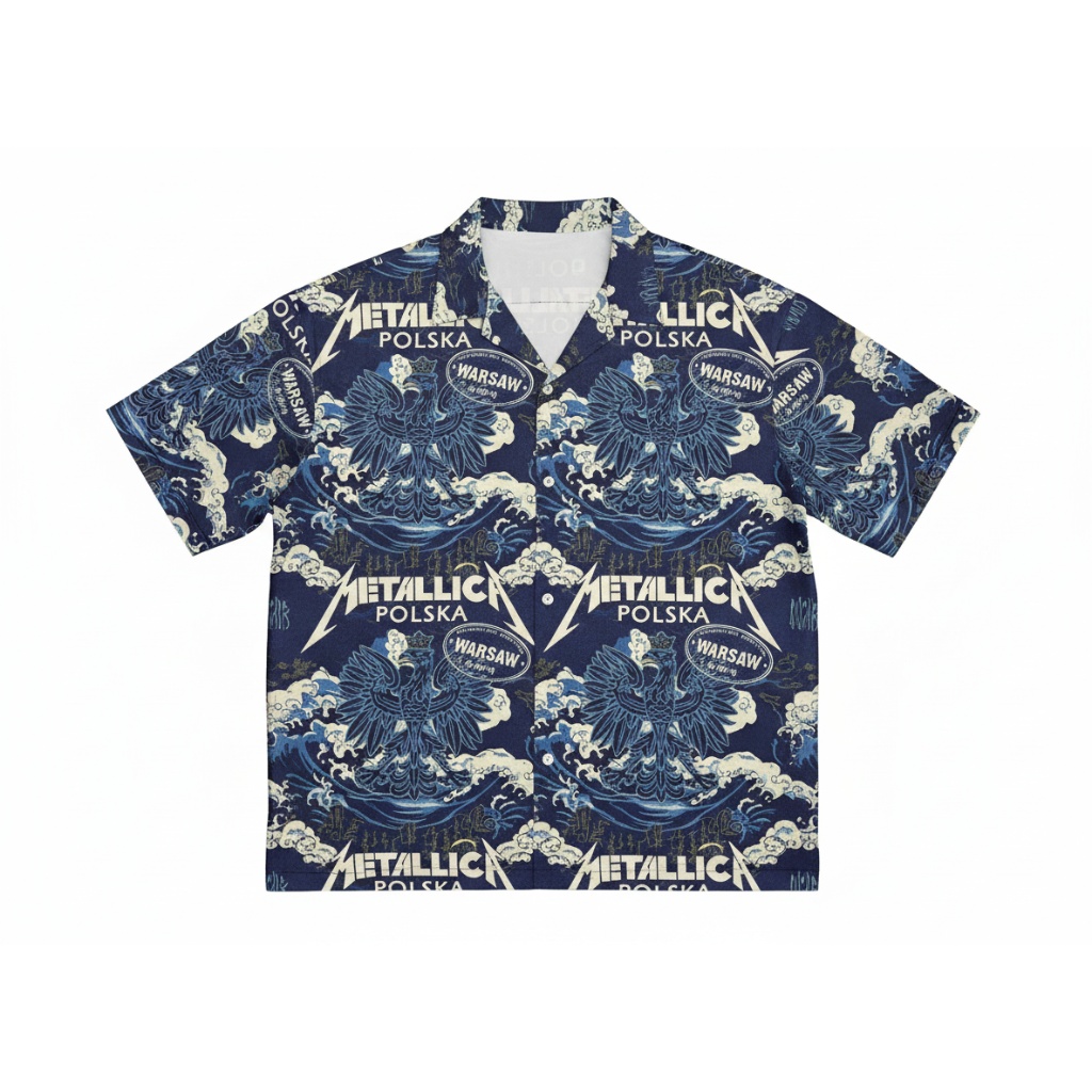 Navy Blue Eagle Wave Print Aloha Shirt For Men