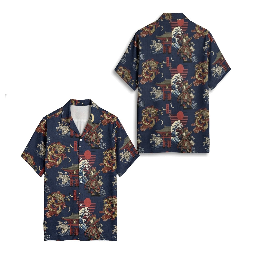 Navy Blue Japanese Dragon Samurai Shirt Navy Blue Japanese Dragon Samurai Shirt