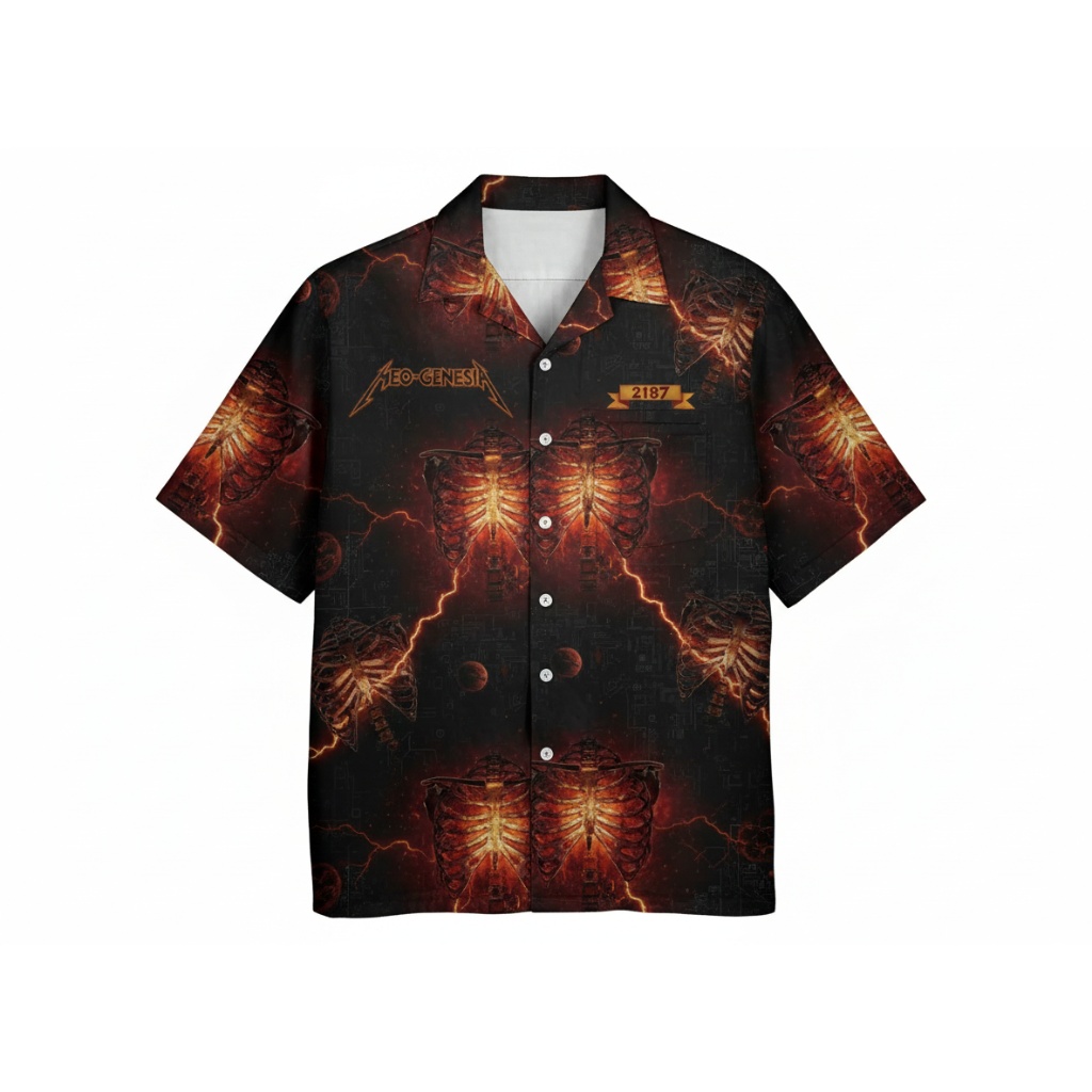 Neo Genesis Fiery Skeleton Print Button Up Shirt