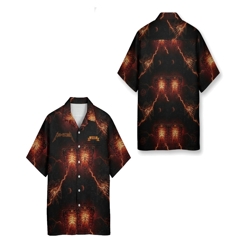 Neo Genesis Fiery Skeleton Print Button Up Shirt Neo Genesis Fiery Skeleton Print Button Up Shirt