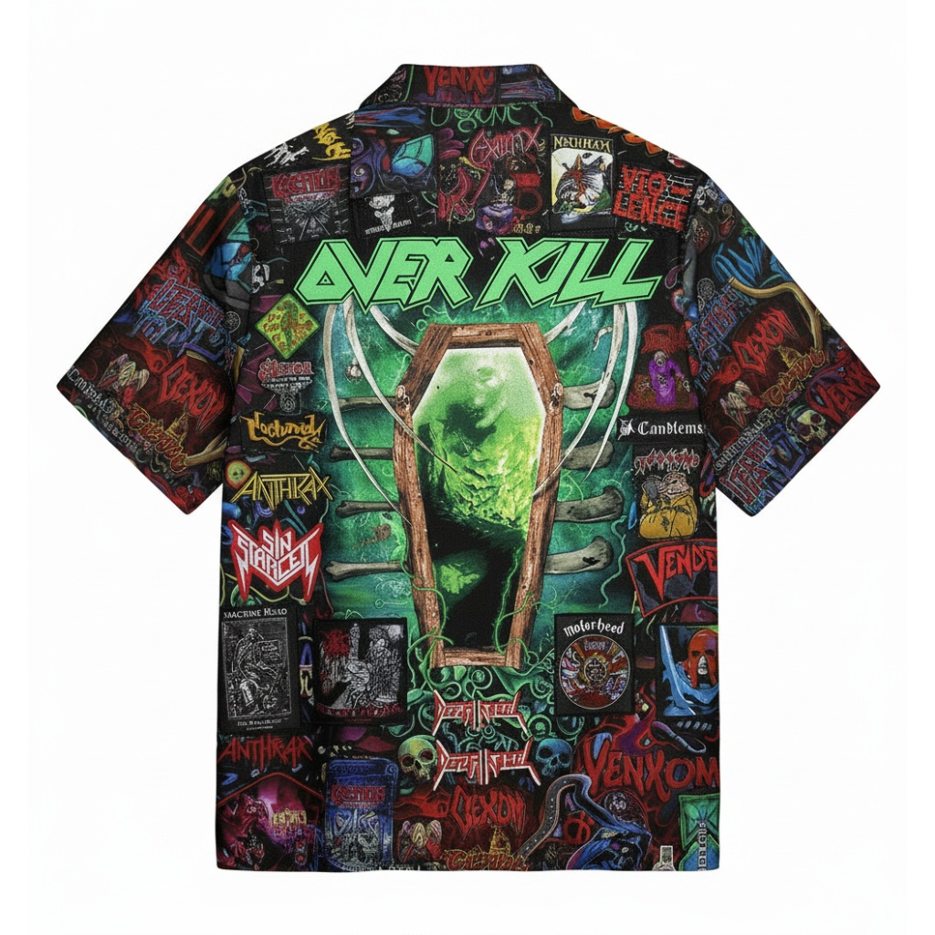 Overkill Band Graphic Print Button Up Shirt Green Black Overkill Band Graphic Print Button Up Shirt Green Black