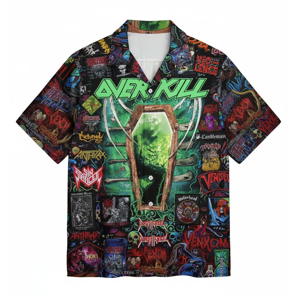 Overkill Band Graphic Print Button Up Shirt Green Black
