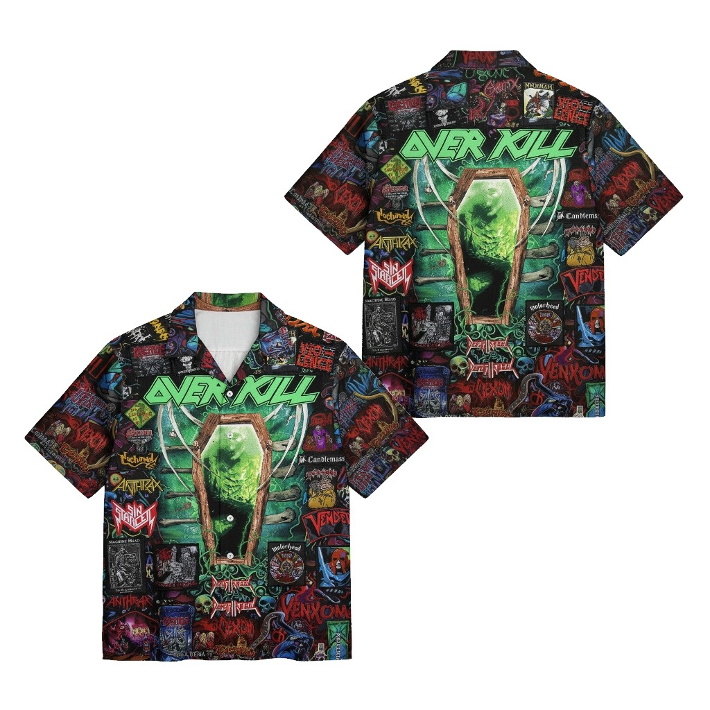 Overkill Band Graphic Print Button Up Shirt Green Black Overkill Band Graphic Print Button Up Shirt Green Black