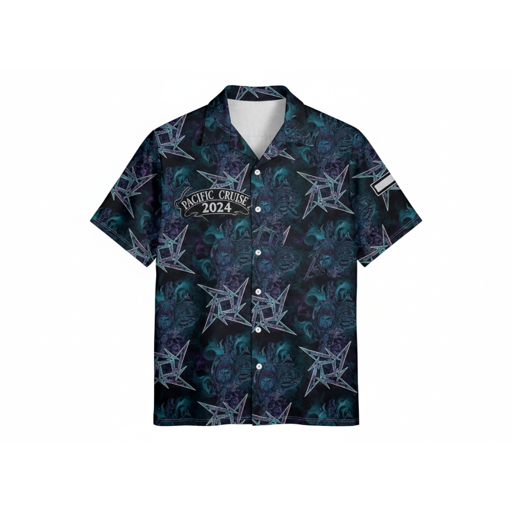 Pacific Cruise 2024 Dark Blue Skull Print Button Up Shirt