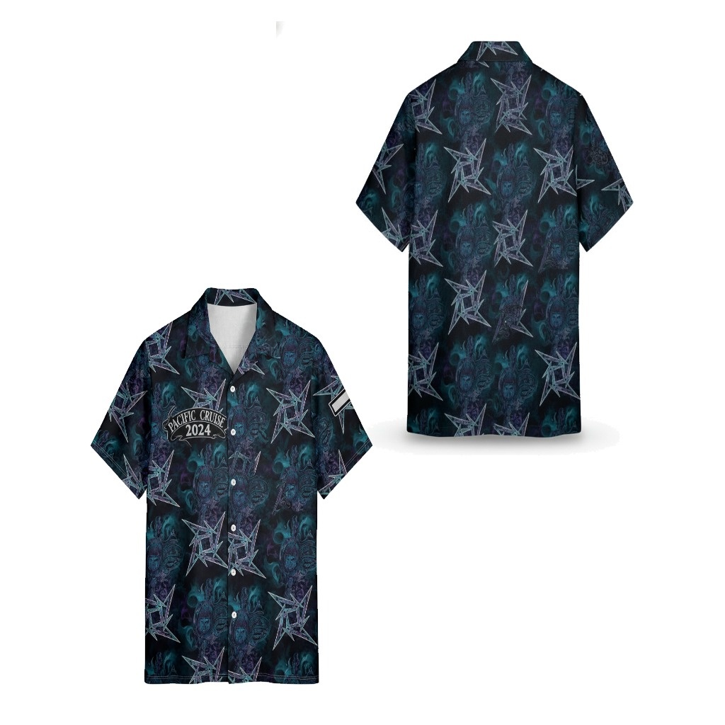 Pacific Cruise 2024 Dark Blue Skull Print Button Up Shirt Pacific Cruise 2024 Dark Blue Skull Print Button Up Shirt