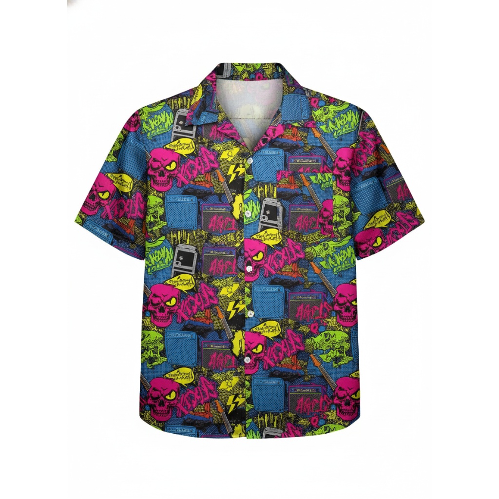 Rad Skull Guitar Print Hawaiian Shirt Neon Pink Blue
