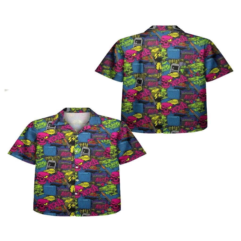 Rad Skull Guitar Print Hawaiian Shirt Neon Pink Blue Rad Skull Guitar Print Hawaiian Shirt Neon Pink Blue