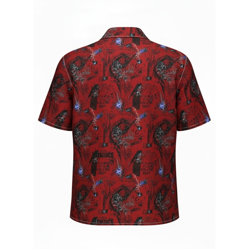 Red Metallica Graphic Print Short Sleeve Button Up Shirt Red Metallica Graphic Print Short Sleeve Button Up Shirt