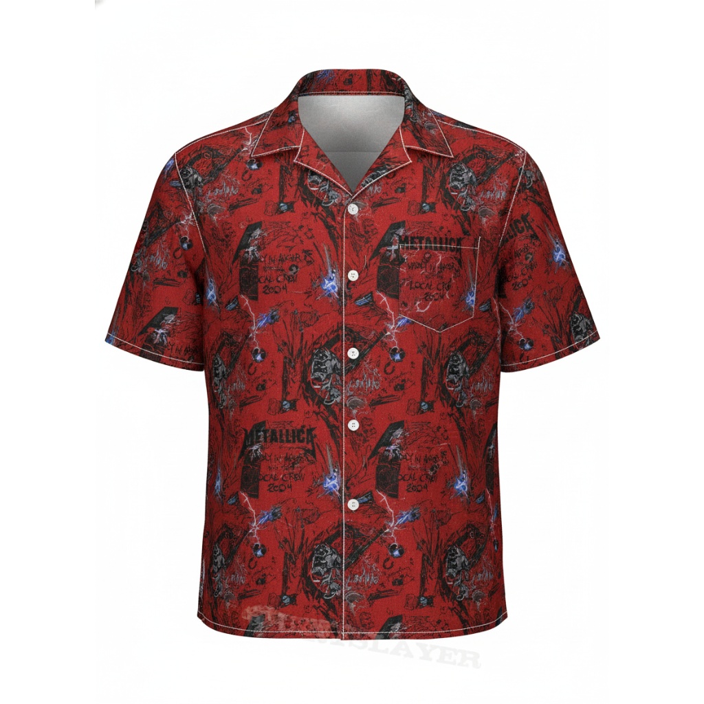 Red Metallica Graphic Print Short Sleeve Button Up Shirt