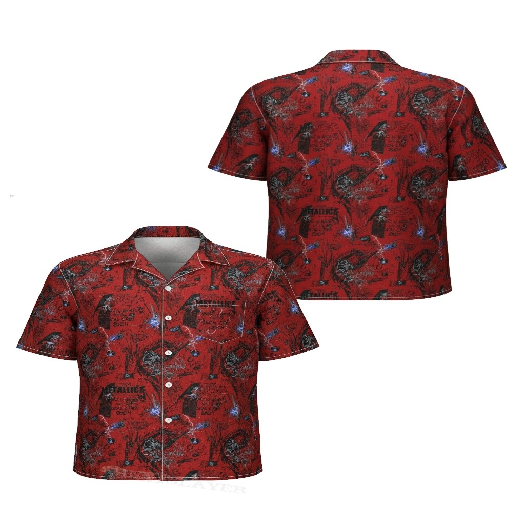 Red Metallica Graphic Print Short Sleeve Button Up Shirt Red Metallica Graphic Print Short Sleeve Button Up Shirt