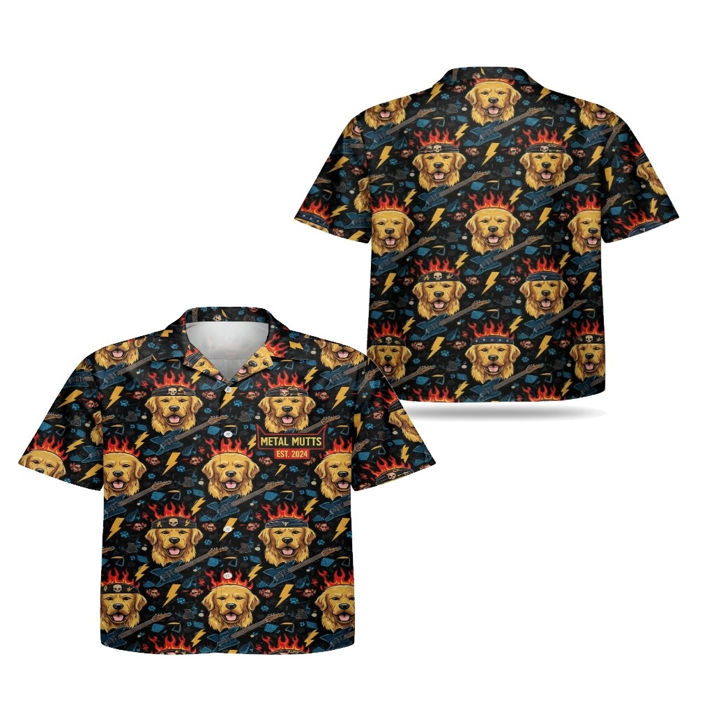 Rocking Golden Retriever Hawaiian Shirt Metal Mutts Design Rocking Golden Retriever Hawaiian Shirt Metal Mutts Design