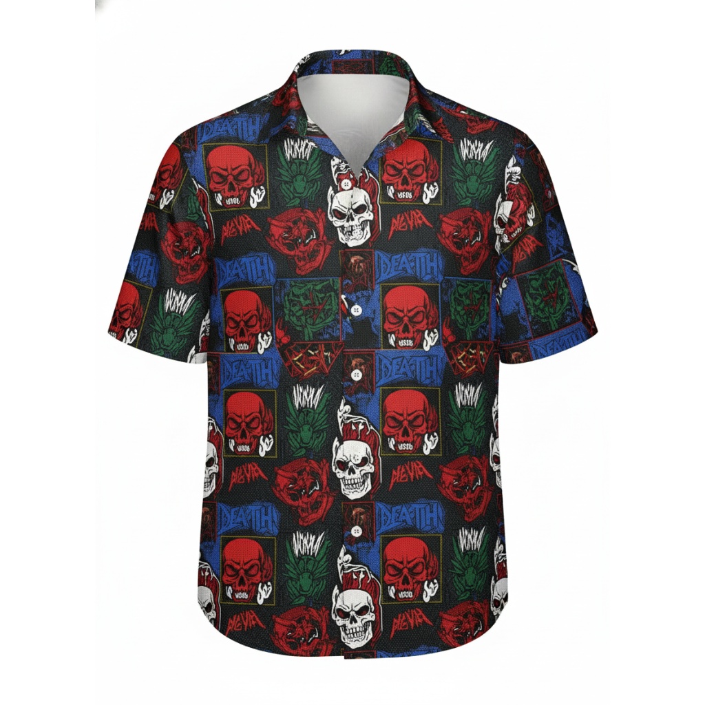 Skulls And Death Theme Hawaiian Shirt Red Black Blue