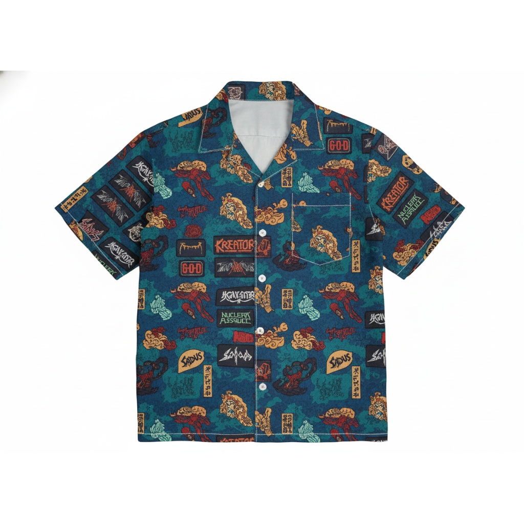 Teal Graphic Print Short Sleeve Button Up Shirt Men