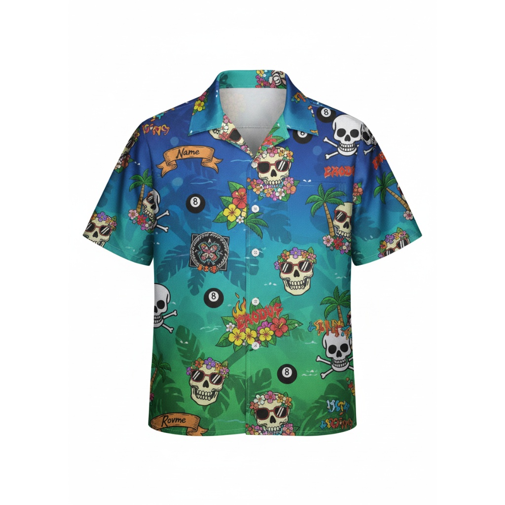Tropical Skull Hawaiian Shirt Blue Green Gradient