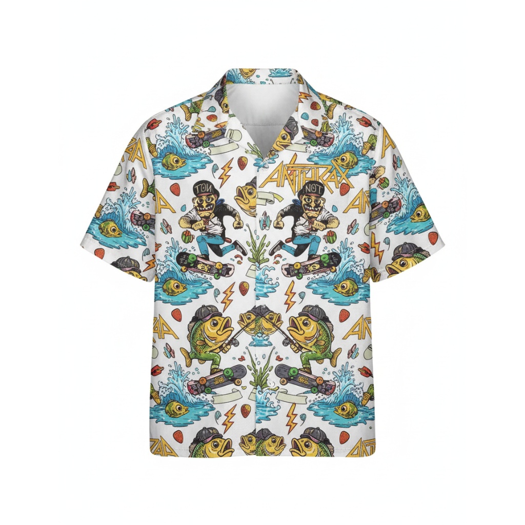 Unique White Graphic Print Button Up Shirt Funky Skater
