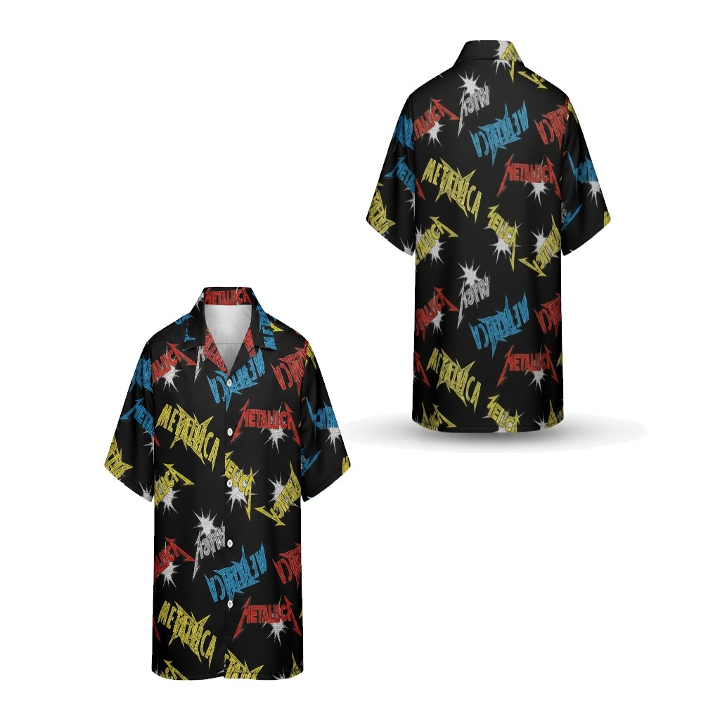 Vibrant Metallica Black Hawaiian Shirt Bold Graphic Print Vibrant Metallica Black Hawaiian Shirt Bold Graphic Print