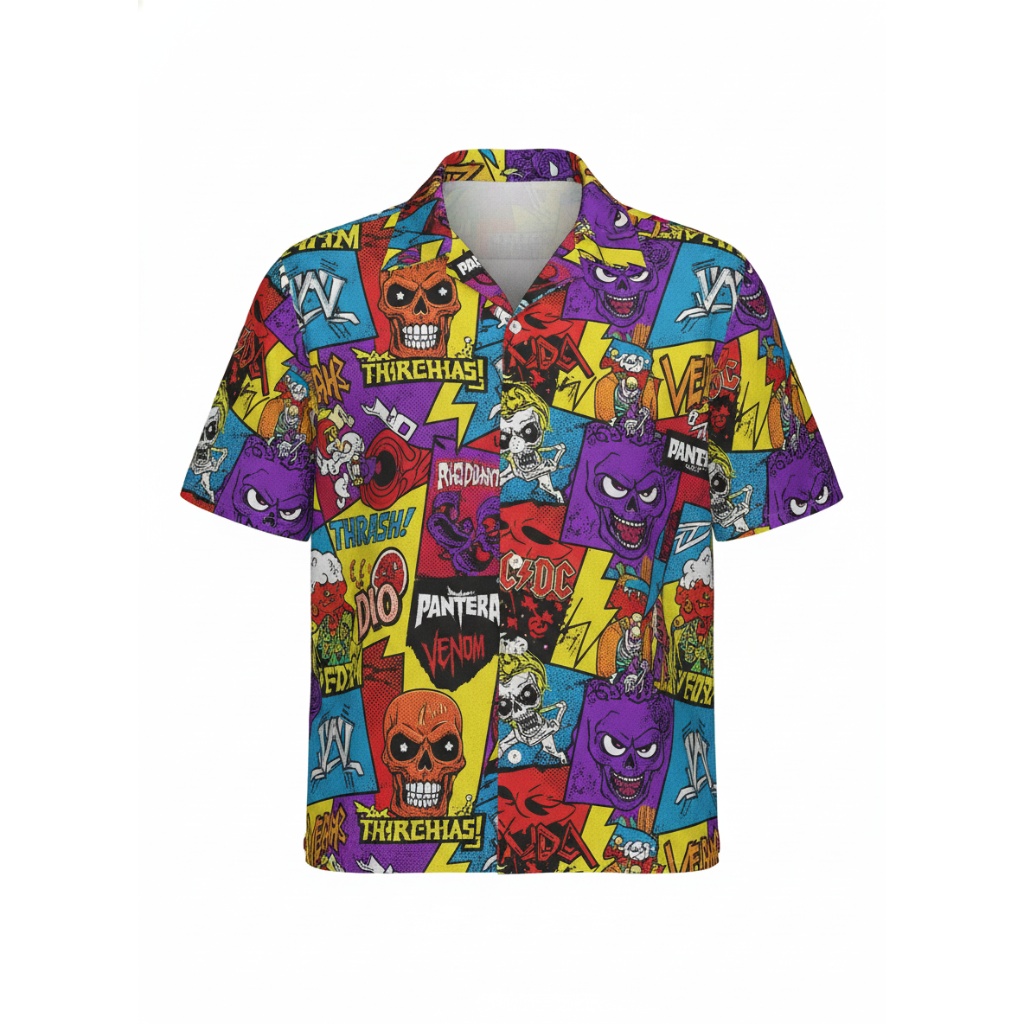 Vibrant Multi Color Comic Skull Graphic Hawaiian Shirt