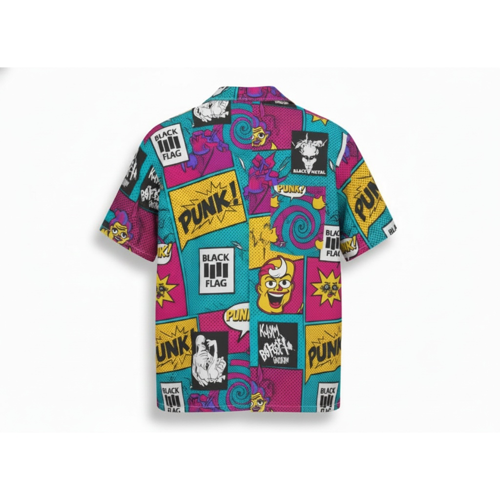 Vibrant Multi Color Punk Graphic Print Short Sleeve Button Vibrant Multi Color Punk Graphic Print Short Sleeve Button