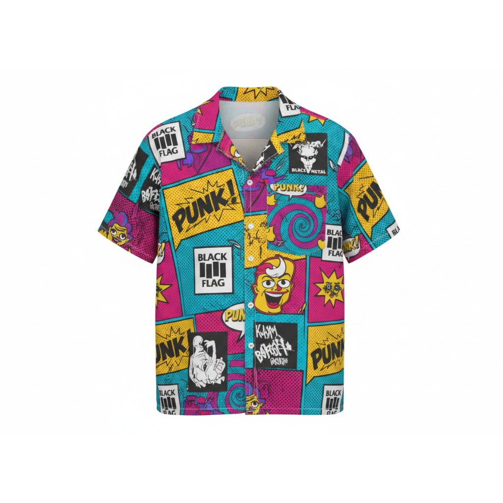 Vibrant Multi Color Punk Graphic Print Short Sleeve Button