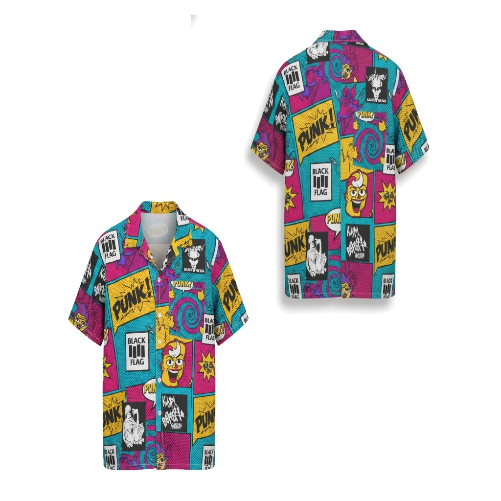 Vibrant Multi Color Punk Graphic Print Short Sleeve Button Vibrant Multi Color Punk Graphic Print Short Sleeve Button