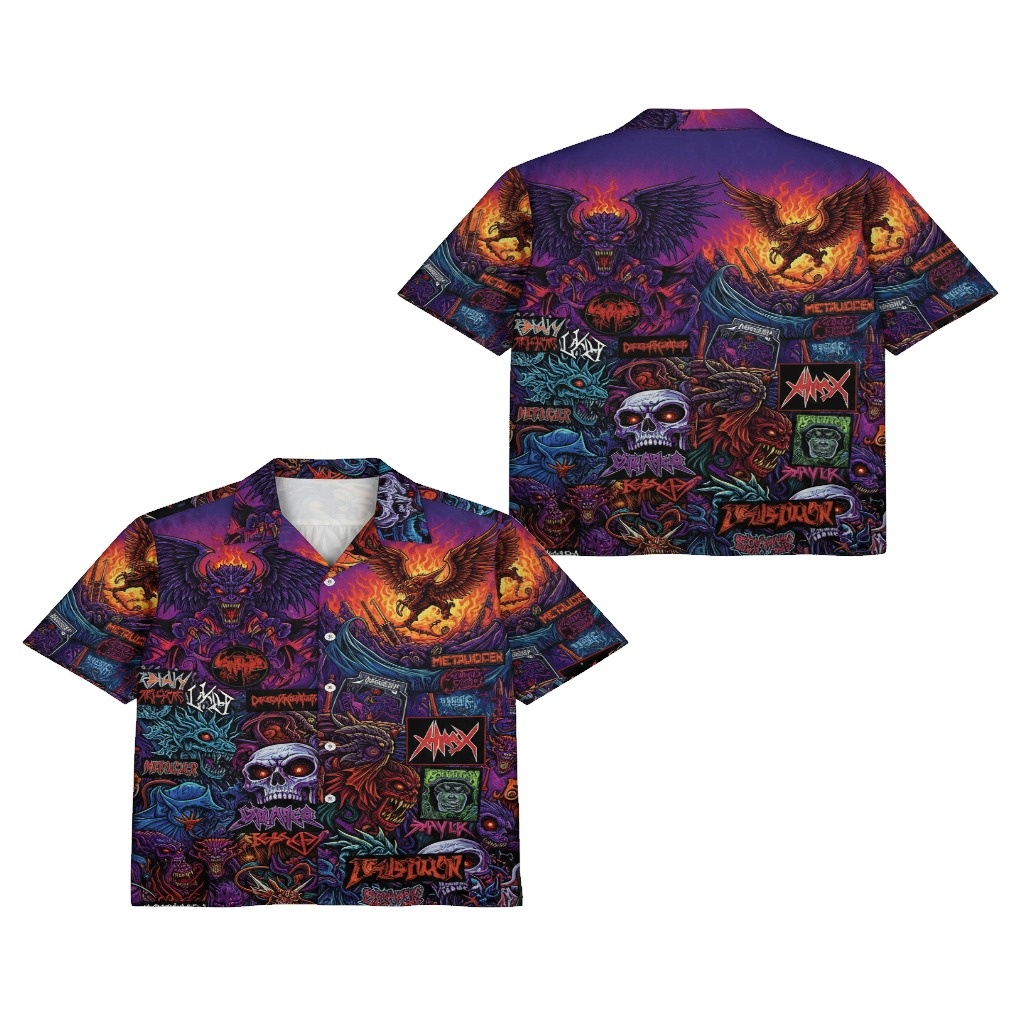Vibrant Purple Heavy Metal Band Graphic Hawaiian Shirt Vibrant Purple Heavy Metal Band Graphic Hawaiian Shirt