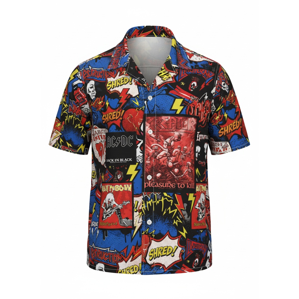 Vibrant Red Blue Rock Band Comic Button Up Shirt