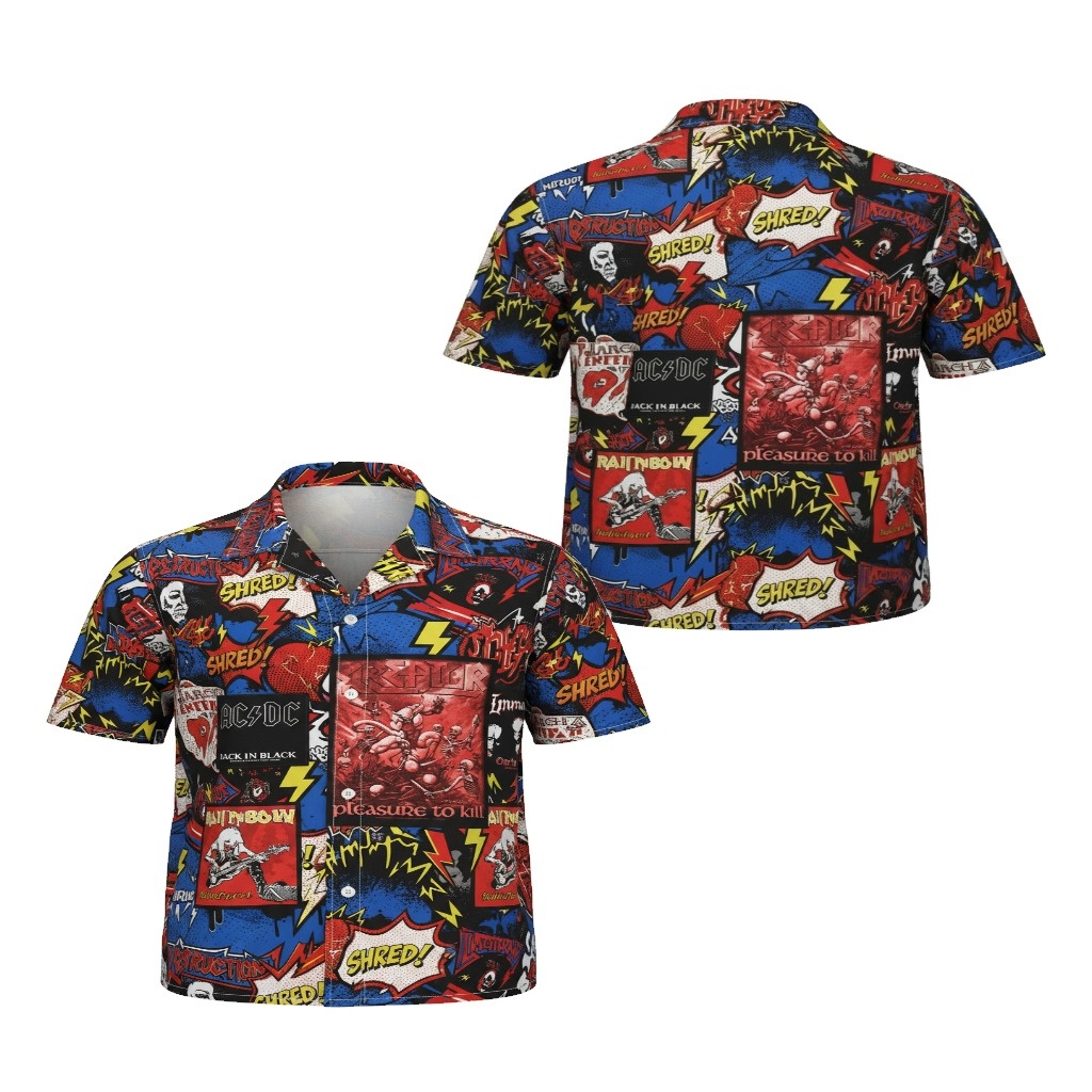Vibrant Red Blue Rock Band Comic Button Up Shirt Vibrant Red Blue Rock Band Comic Button Up Shirt