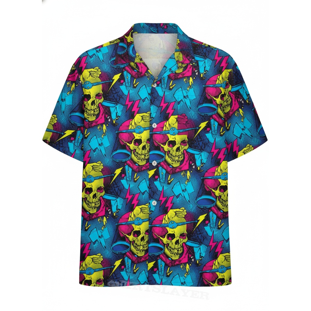 Vibrant Yellow Skull Hawaiian Shirt Bold Blue Lightning