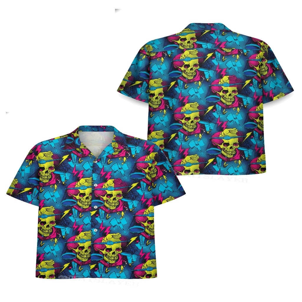 Vibrant Yellow Skull Hawaiian Shirt Bold Blue Lightning Vibrant Yellow Skull Hawaiian Shirt Bold Blue Lightning