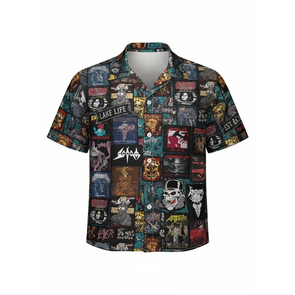 Vintage Metal Band Collage Hawaiian Shirt Black Multi